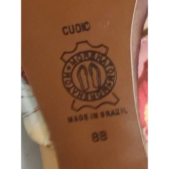 Morenatom Studio Scala Burgundy Ruffle Pink Print Kitten Heel Slides Sz38 (7) - Picture 11 of 11